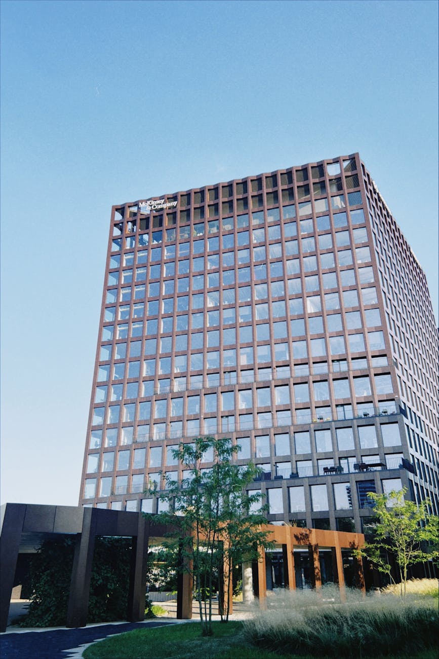 a large office building with a large glass front